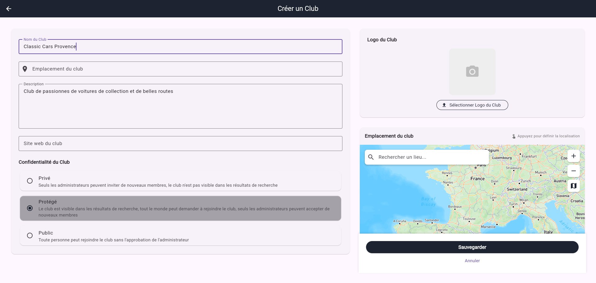 Formulaire de création de club rempli