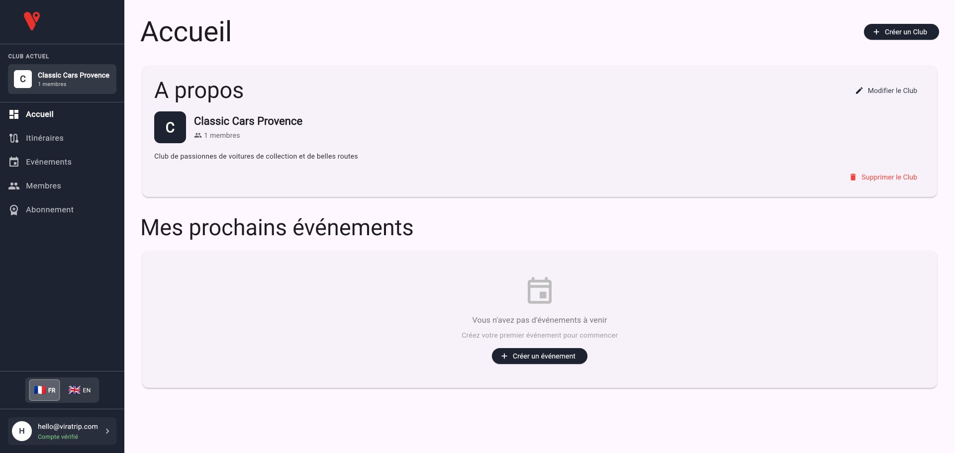 Page d'accueil du club créé