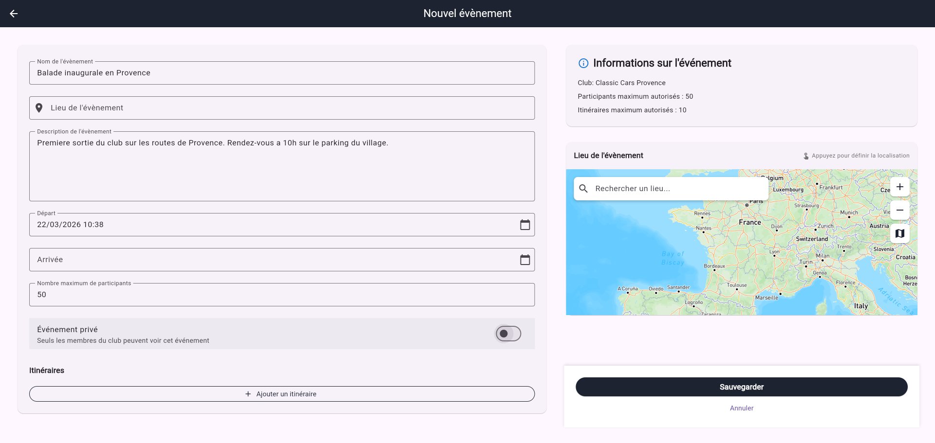 Formulaire de création d'événement rempli