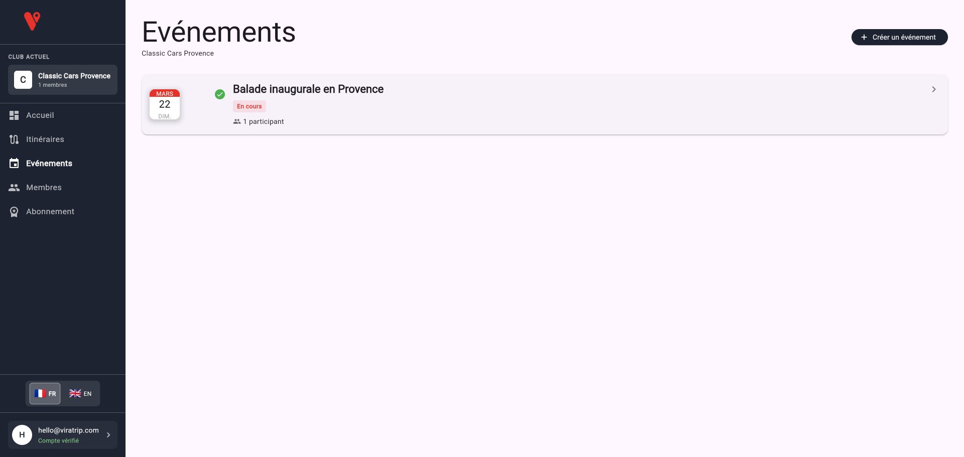 Liste des événements avec l'événement créé